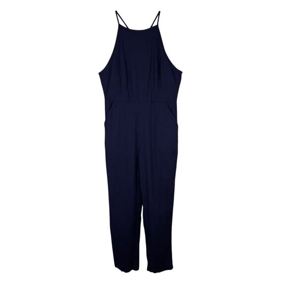 Urban Outfitters Hattie High Neck Linen Jumpsuit Navy 10 Pockets Stretch - Picture 7 of 16